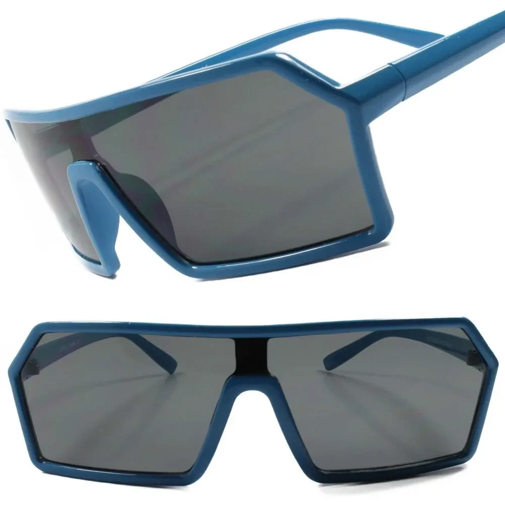 Retro Futuristic One Lens Mens Womens Wrap Rectangle Sun Glasses Blue Frame